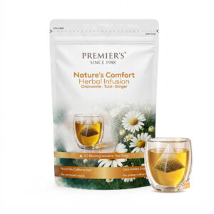 Premiers Tea - Nature’s Comfort | Chamomile Tulsi Ginger Herbal Infusion | 20 Tea Bags - Plant Based | Caffeine Free | Flower Based | Zipper Pack