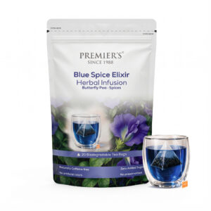 Premiers Tea - Blue Spice Elixir | Butterfly Pea Herbal Infusion | 20 Tea Bags - Plant Based | Caffeine Free - Flower Based | Zipper Pack