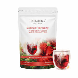 Premiers Tea - Scarlet Harmony | Hibiscus Cinnamon Clove Herbal Infusion | 20 Tea Bags - Plant Based | Caffeine Free - Flower Based | Zipper Pack