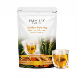 Premiers Tea - Golden Serenity | Turmeric Cardamom Ginger Herbal Infusion | 20 Tea Bags - Plant Based | Caffeine Free - Flower Based | Zipper Pack